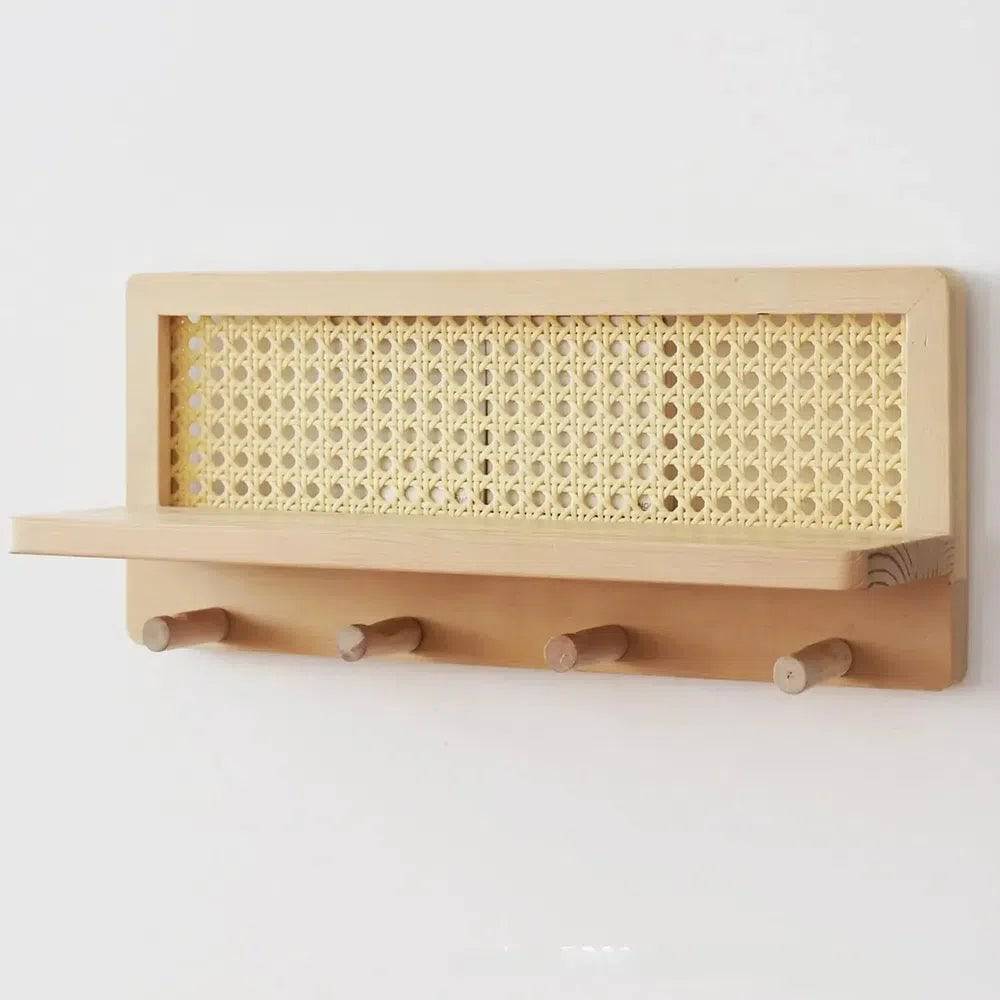 Solid Wood and Rattan Wall-Mounted Storage Rack