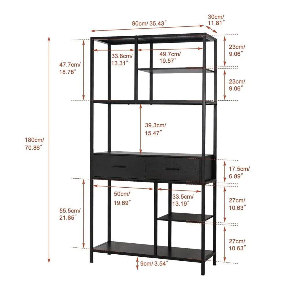 Industrial Tall Bookshelf with 6 Tiers & Drawers