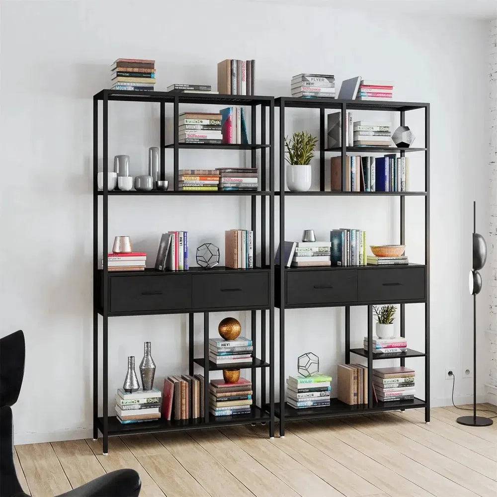 Industrial Tall Bookshelf with 6 Tiers & Drawers