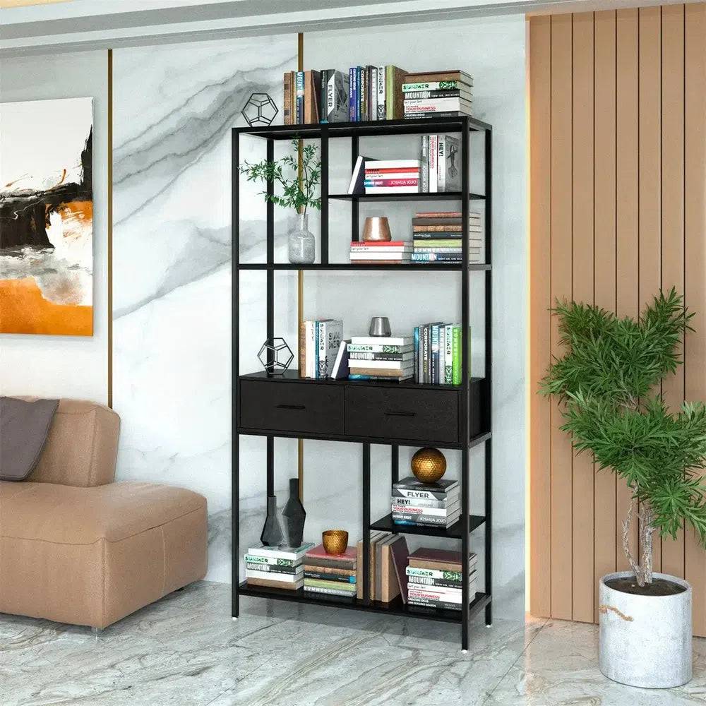 Industrial Tall Bookshelf with 6 Tiers & Drawers