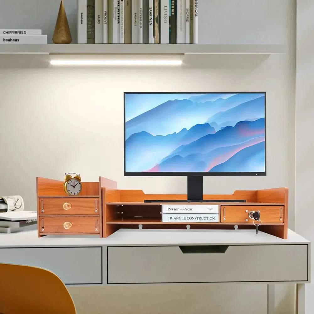 Wooden Monitor Riser Organiser with Lock