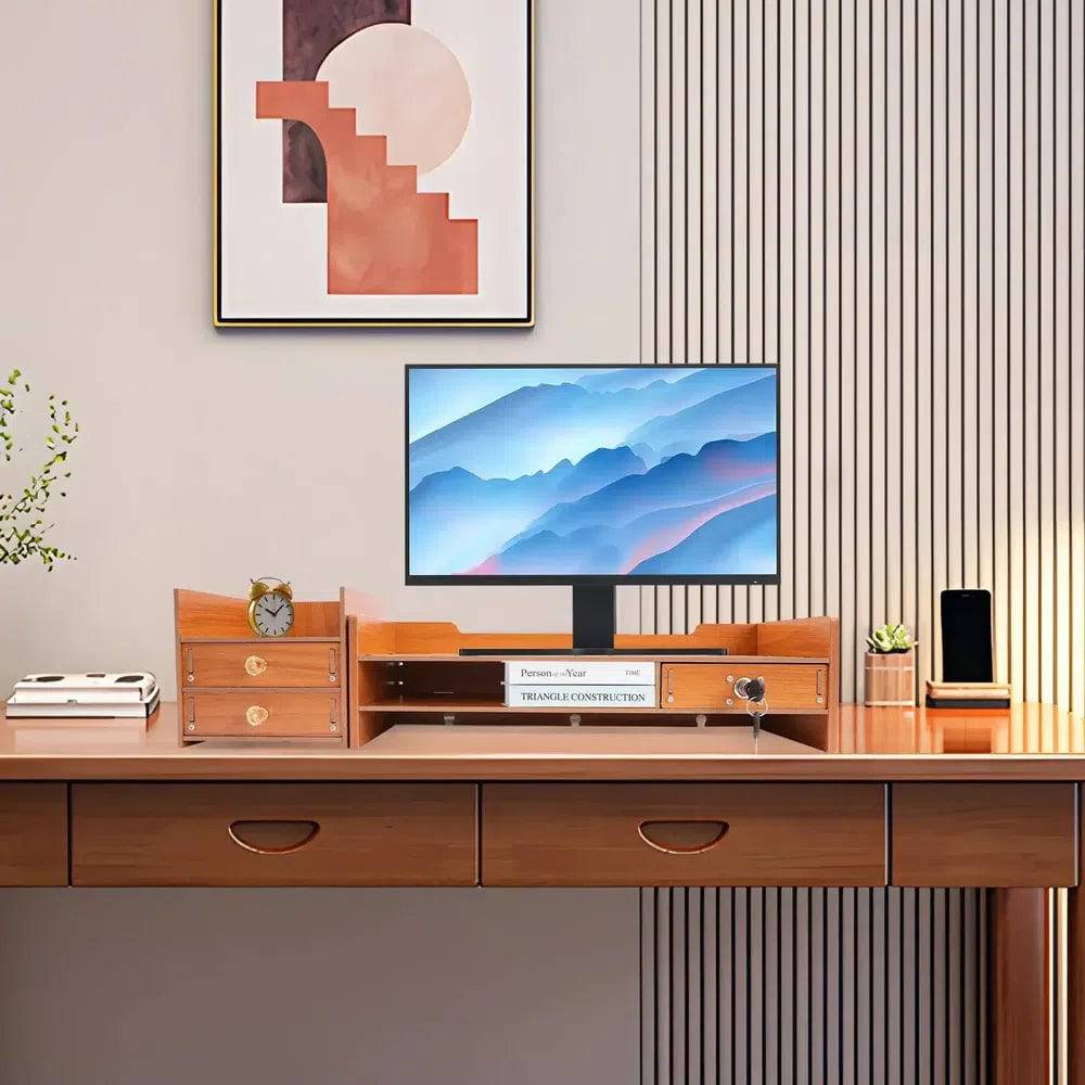 Wooden Monitor Riser Organiser with Lock