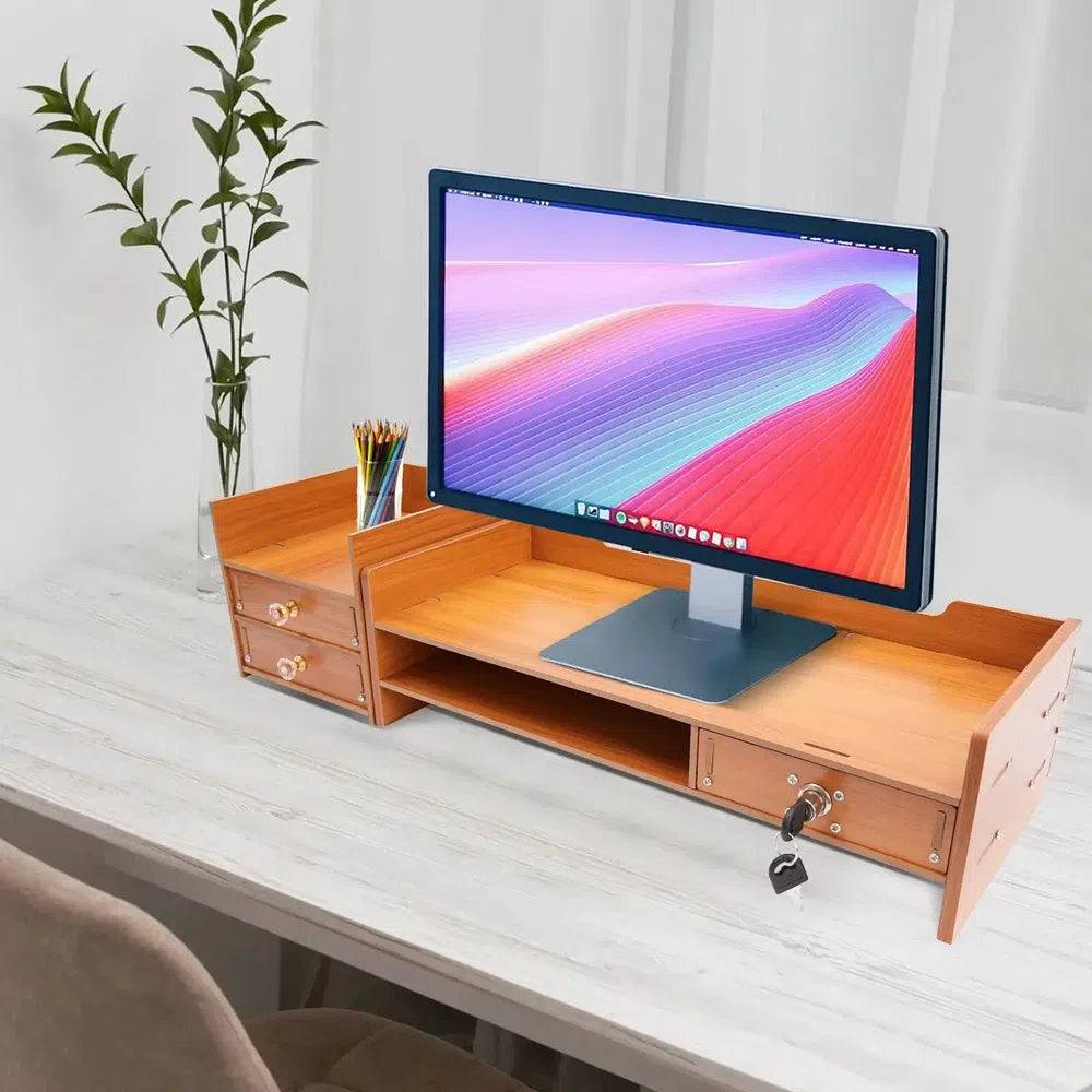 Wooden Monitor Riser Organiser with Lock