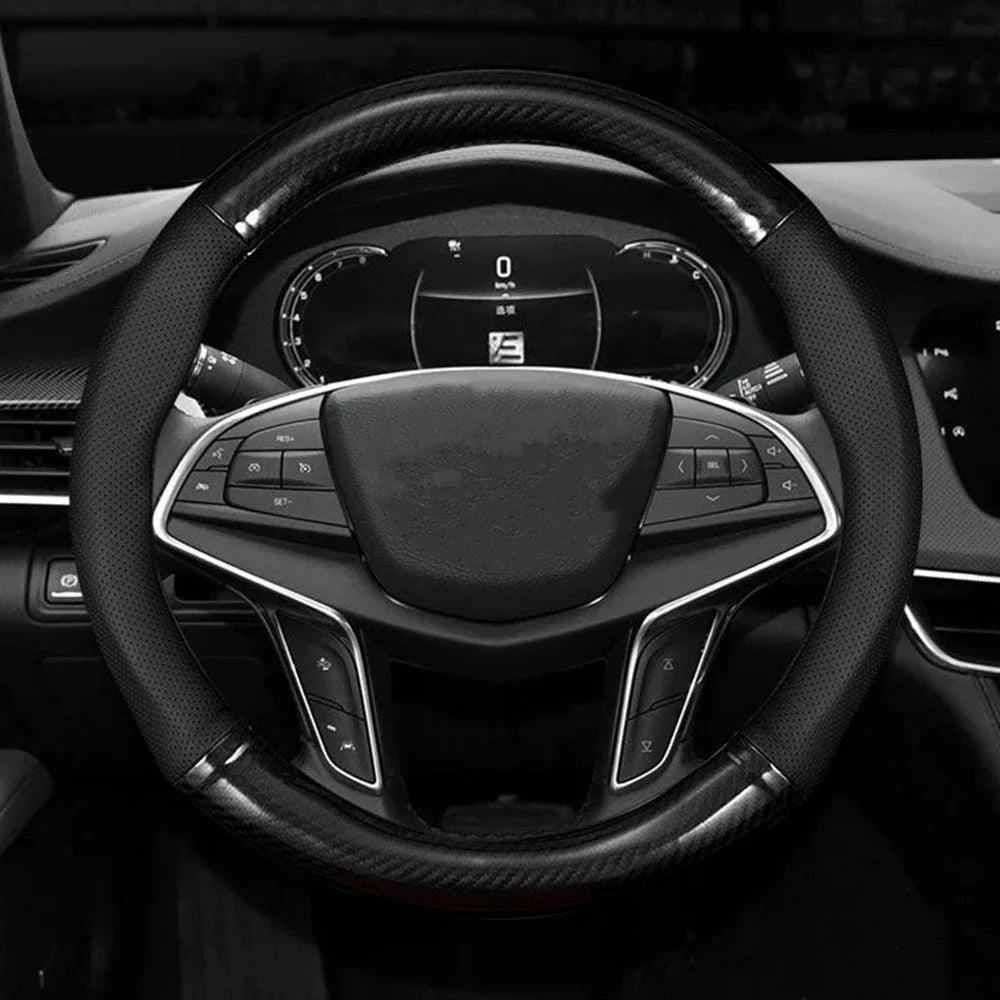 LUXDRIVE – Carbon Fiber Leather Steering Wheel Cover, Anti-Slip & Comfortable