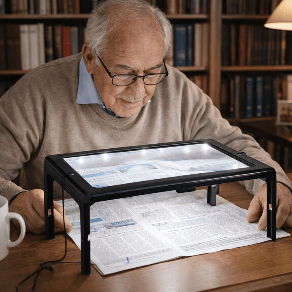 MAGNADESK – Foldable 3X Desktop Reading Magnifier with LED Lights