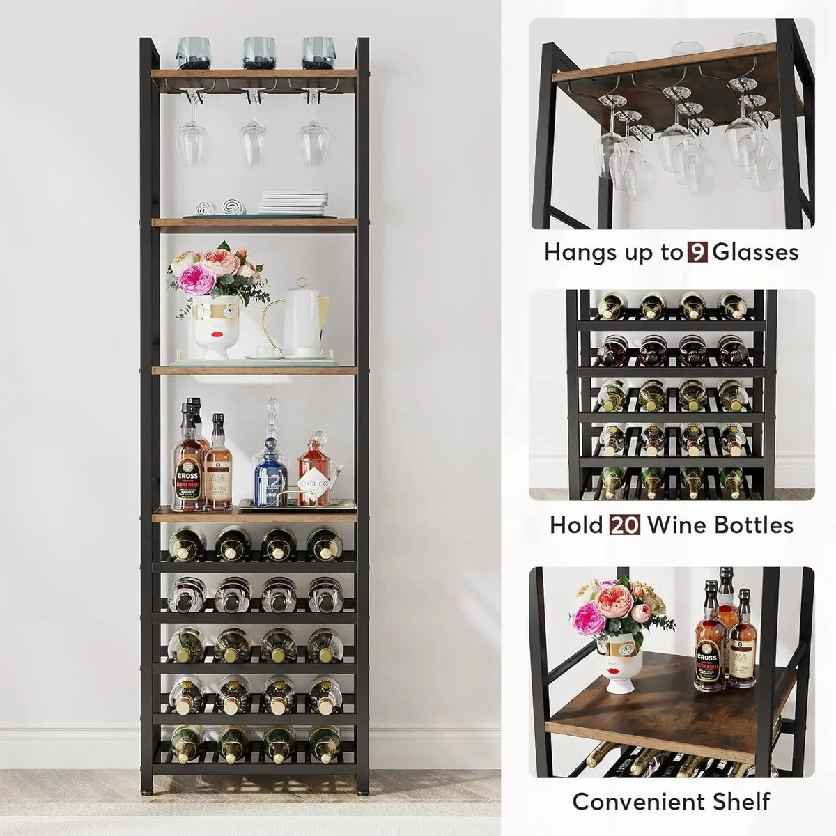 Industrial Vintage Wine Rack with Storage Shelves