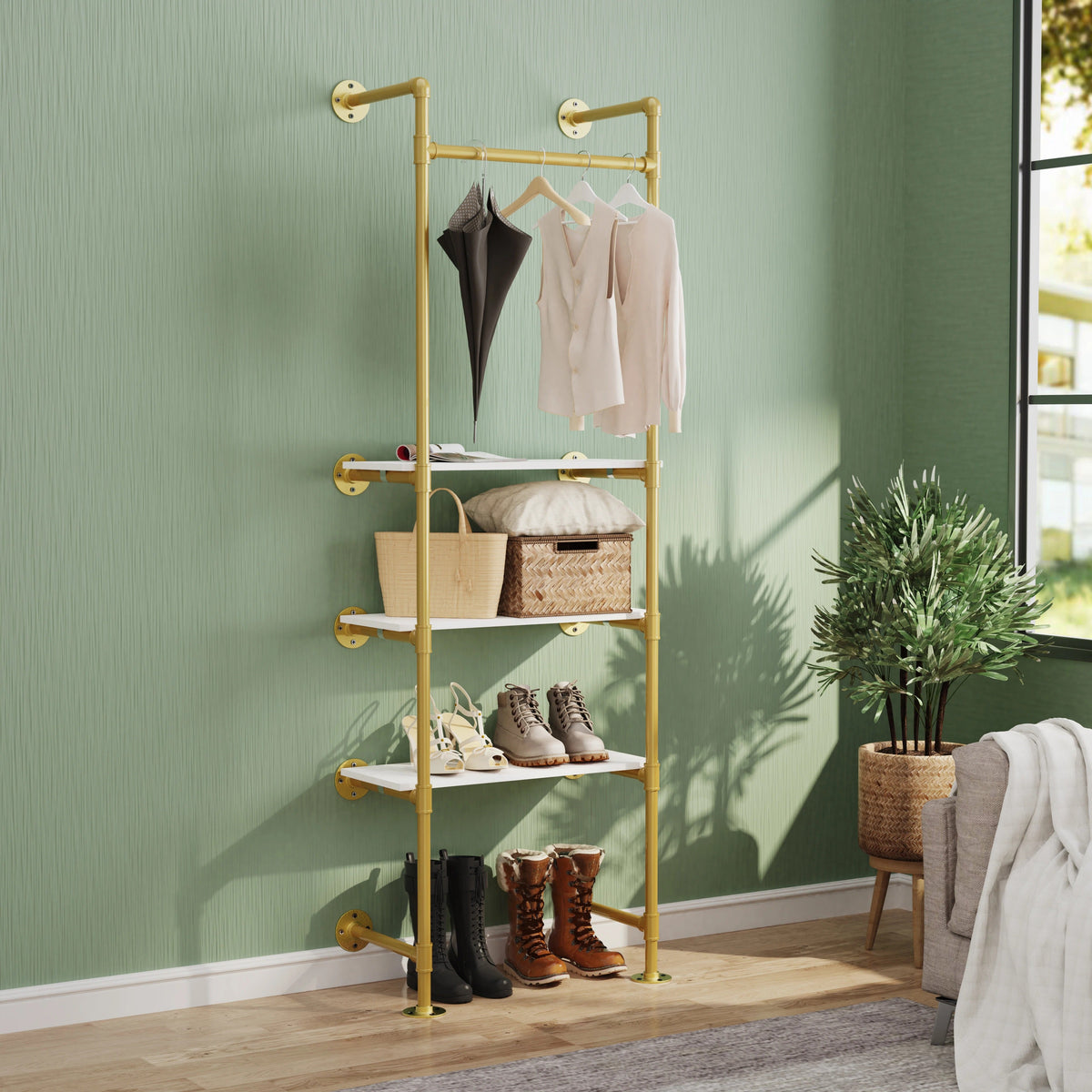 Industrial Pipe Clothes Rail with Shelves