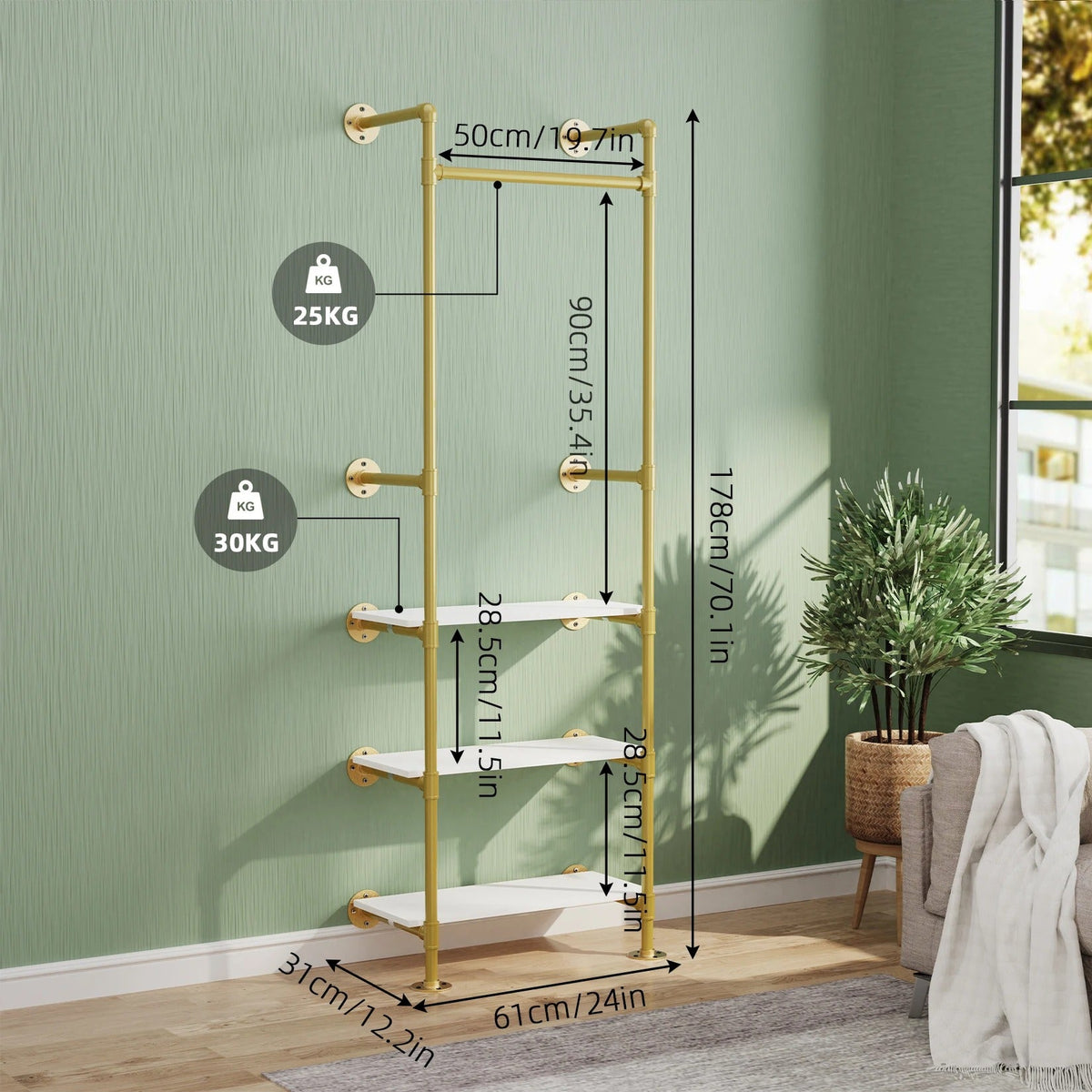 Industrial Pipe Clothes Rail with Shelves