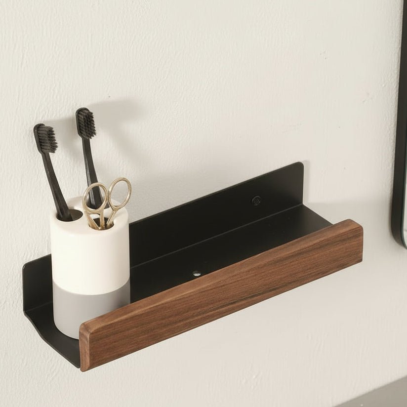 OAKVIA – Rustic Solid Wood Corner Bathroom Shelf with Strong Adhesive Backing