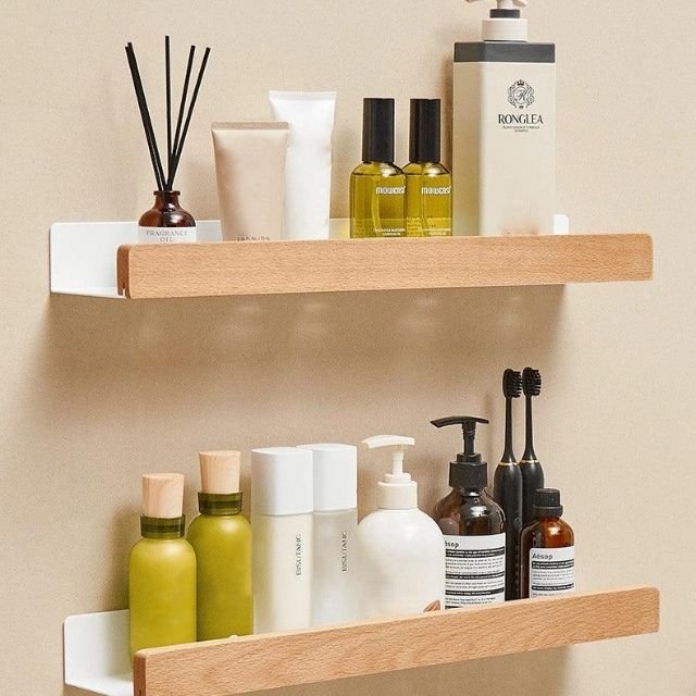 OAKVIA – Rustic Solid Wood Corner Bathroom Shelf with Strong Adhesive Backing
