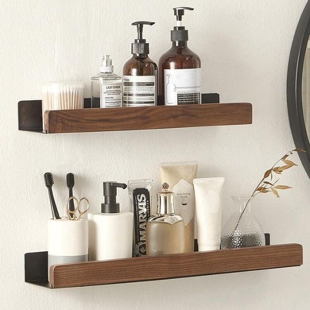 OAKVIA – Rustic Solid Wood Corner Bathroom Shelf with Strong Adhesive Backing