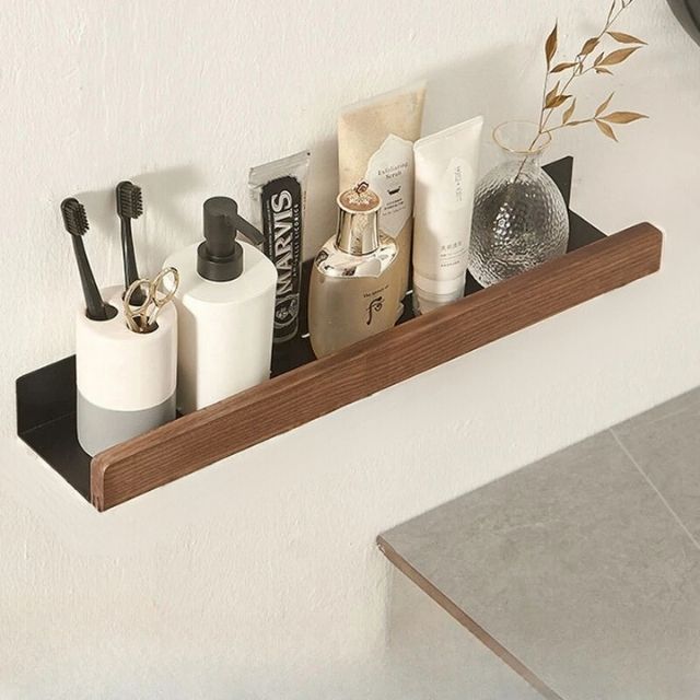 OAKVIA – Rustic Solid Wood Corner Bathroom Shelf with Strong Adhesive Backing