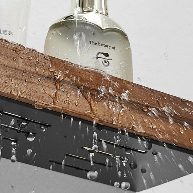 OAKVIA – Rustic Solid Wood Corner Bathroom Shelf with Strong Adhesive Backing
