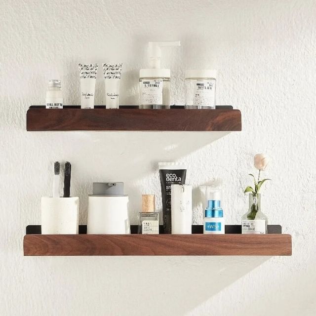 OAKVIA – Rustic Solid Wood Corner Bathroom Shelf with Strong Adhesive Backing
