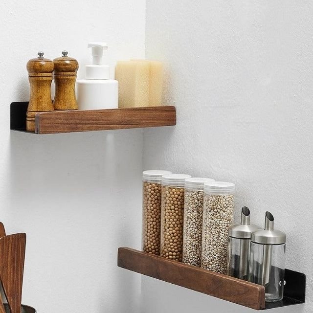 OAKVIA – Rustic Solid Wood Corner Bathroom Shelf with Strong Adhesive Backing