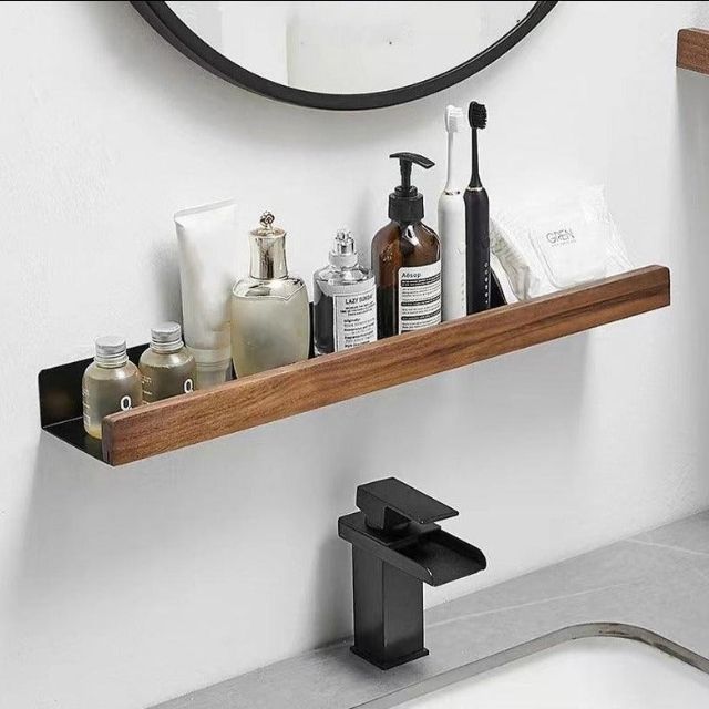 OAKVIA – Rustic Solid Wood Corner Bathroom Shelf with Strong Adhesive Backing