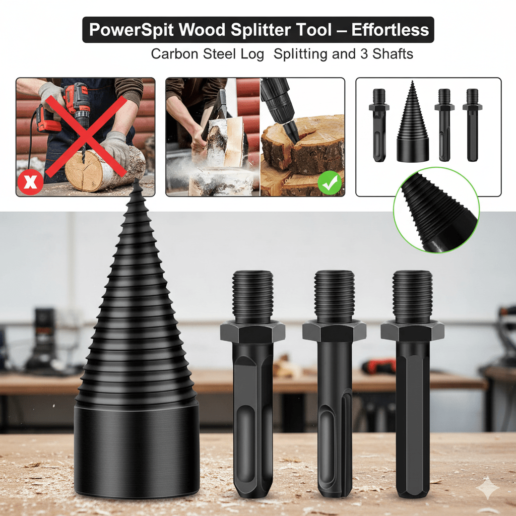 POWERSPLIT – High-Precision Wood Splitter Tool with Carbon Steel Drill & 3 Shafts