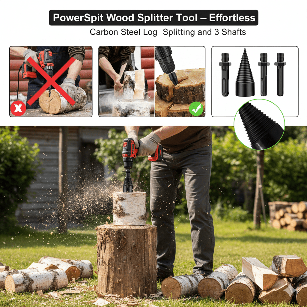POWERSPLIT – High-Precision Wood Splitter Tool with Carbon Steel Drill & 3 Shafts