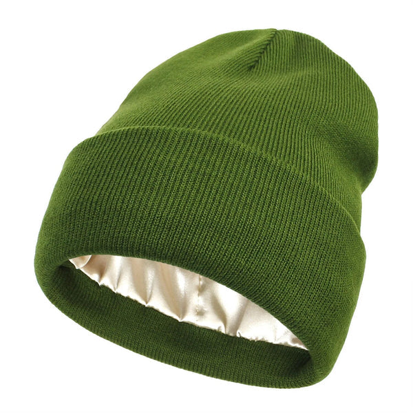 Women's Wool Winter Beanie with Anti-Frizz Silk Lining - Warm Knit Skull Cap for Hair Protection against Static and Breakage - 22 x 23cm