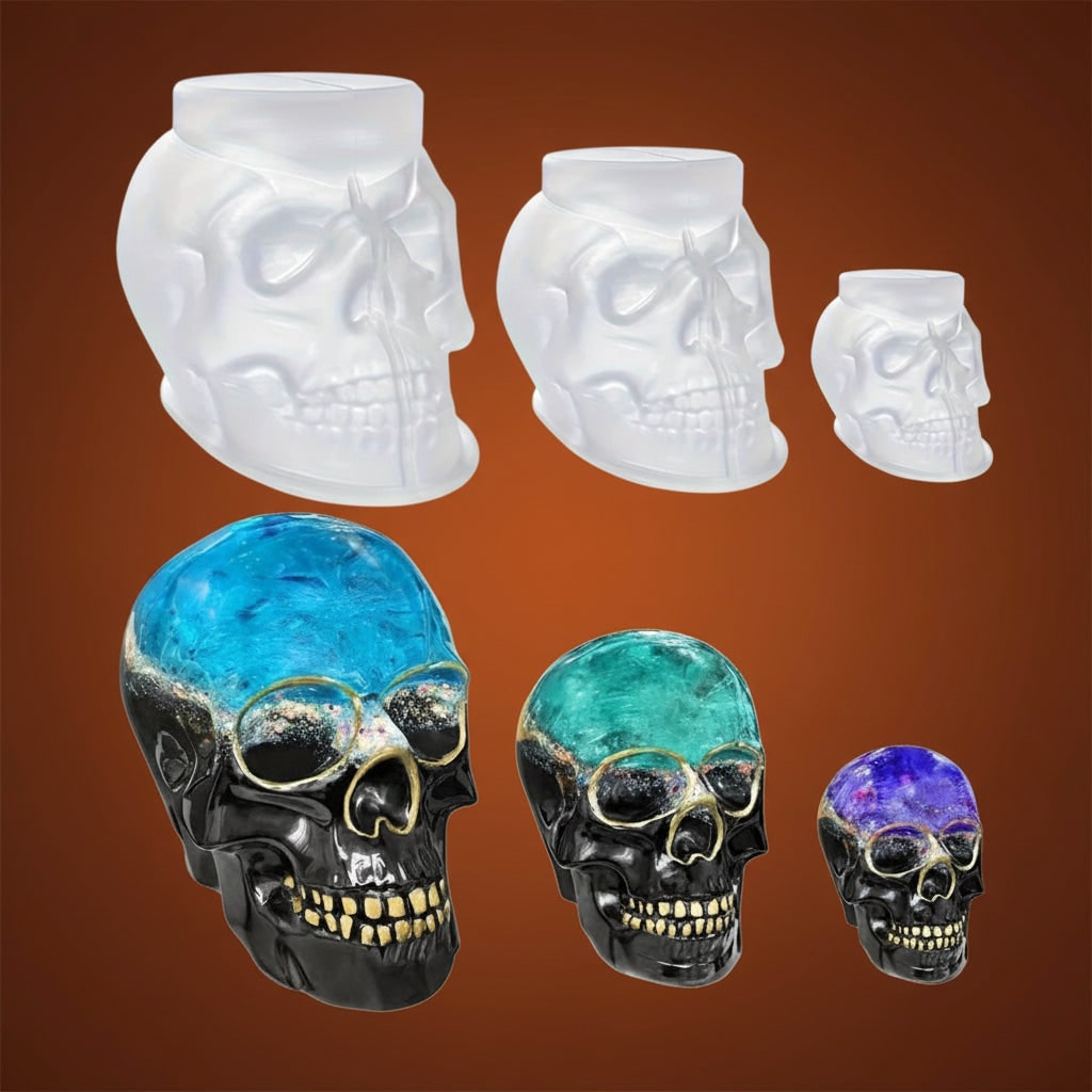 Halloween 3D Skull Silicone Mold Set of 3 with Detailed Design for Resin Casting and Candle Making