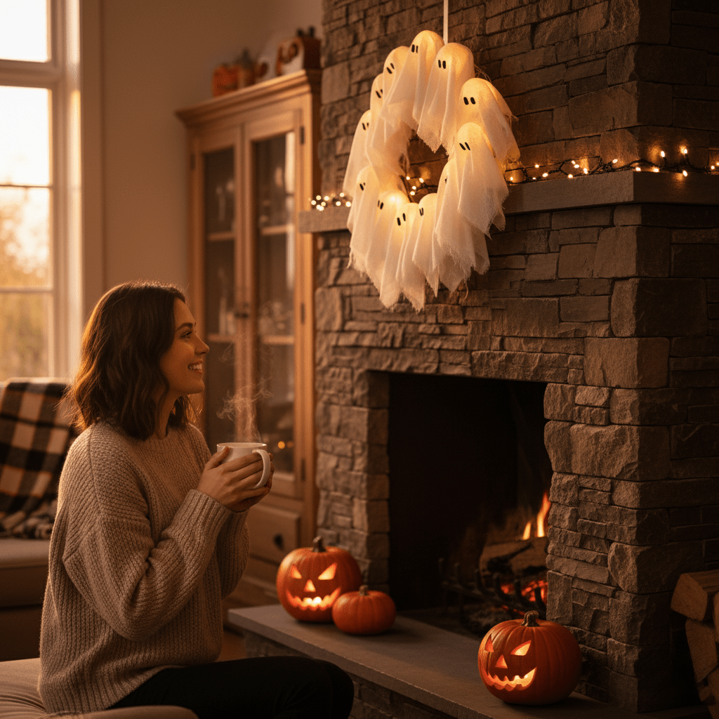 SPOOKGLOW – LED Ghost Wreath with 12 Illuminated Spirits