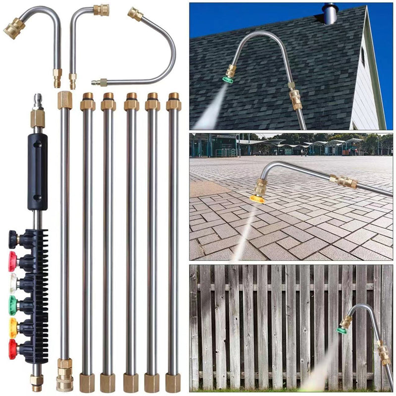 High Pressure Washer Wand Extension Set 4000 PSI - Stainless Steel Power Cleaning Rod with 6 Spray Nozzles and Curved Gutter Attachment