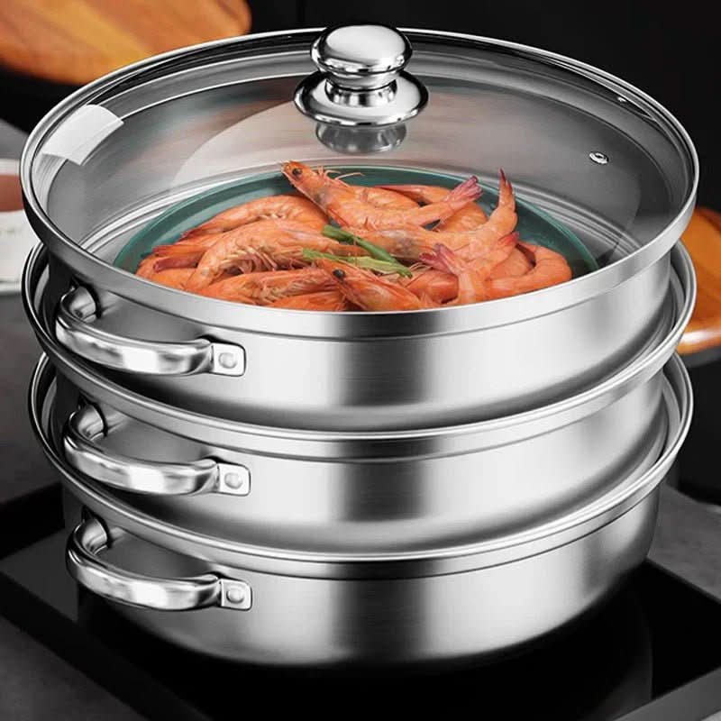 STEAMPRO – 3-Tier Stainless Steel Steamer with Clear Glass Lid