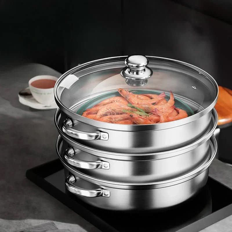 STEAMPRO – 3-Tier Stainless Steel Steamer with Clear Glass Lid