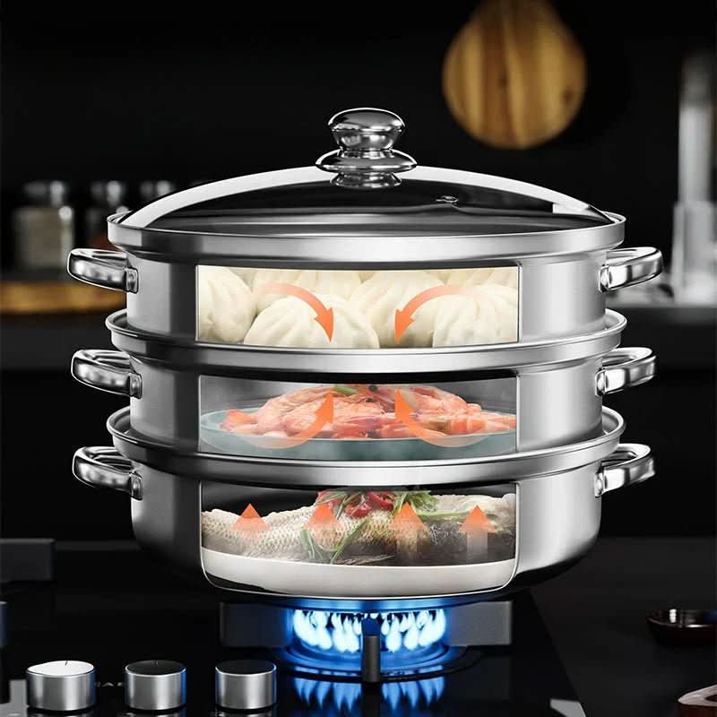 STEAMPRO – 3-Tier Stainless Steel Steamer with Clear Glass Lid