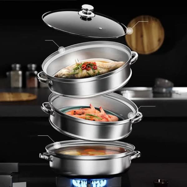 STEAMPRO – 3-Tier Stainless Steel Steamer with Clear Glass Lid
