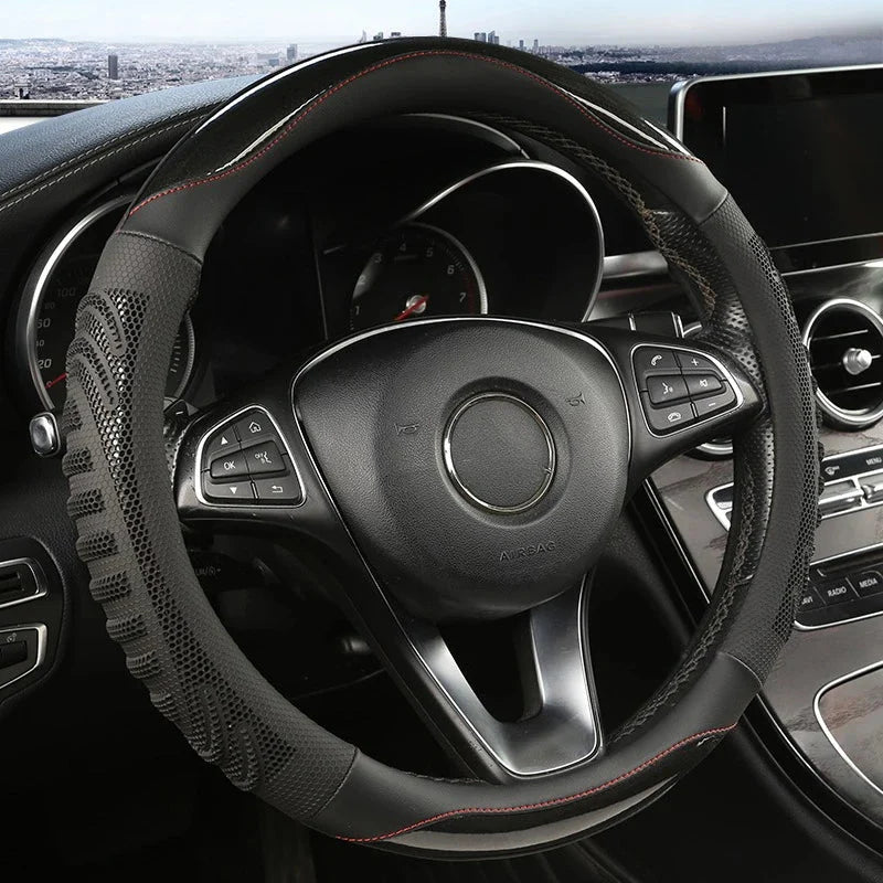 STEERHIVE – Durable Honeycomb Leather Wheel Cover, Anti-Slip & Comfortable