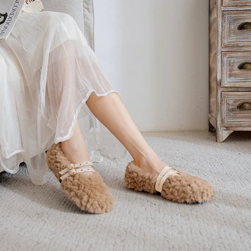 STYLESTEP – Wool Fur Loafers for Women with Double Rivets and Soft Lining