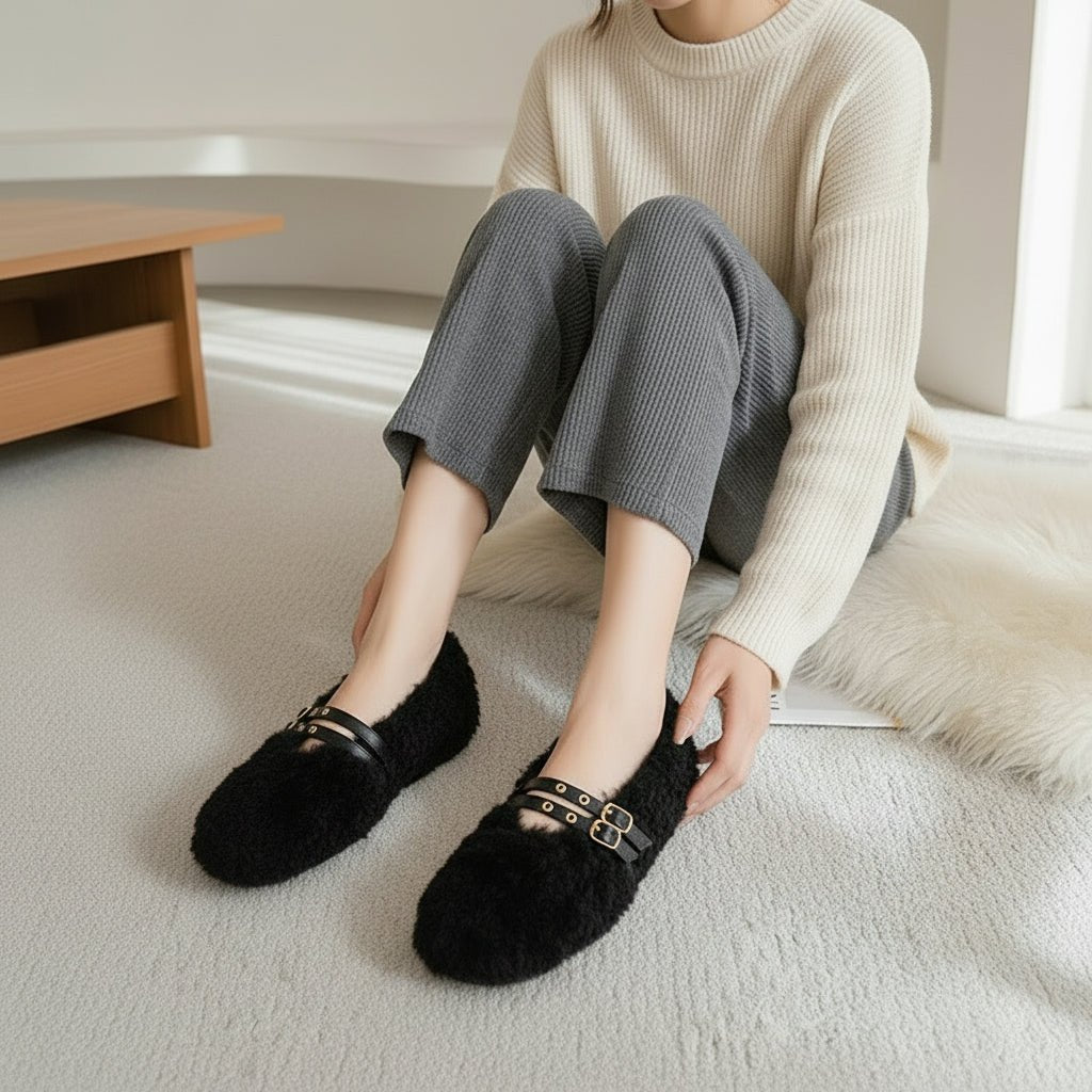 STYLESTEP – Wool Fur Loafers for Women with Double Rivets and Soft Lining