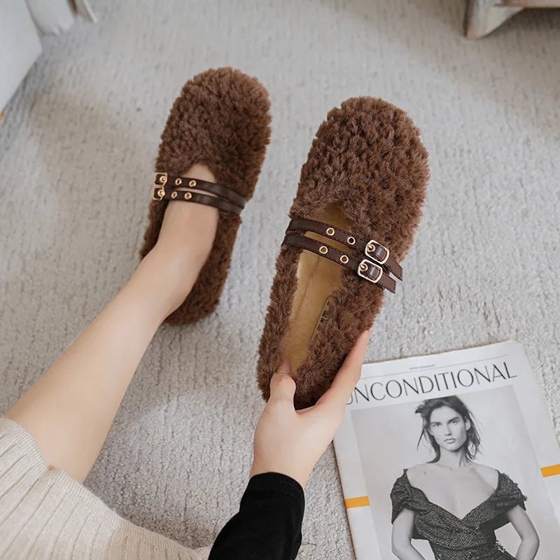 STYLESTEP – Wool Fur Loafers for Women with Double Rivets and Soft Lining