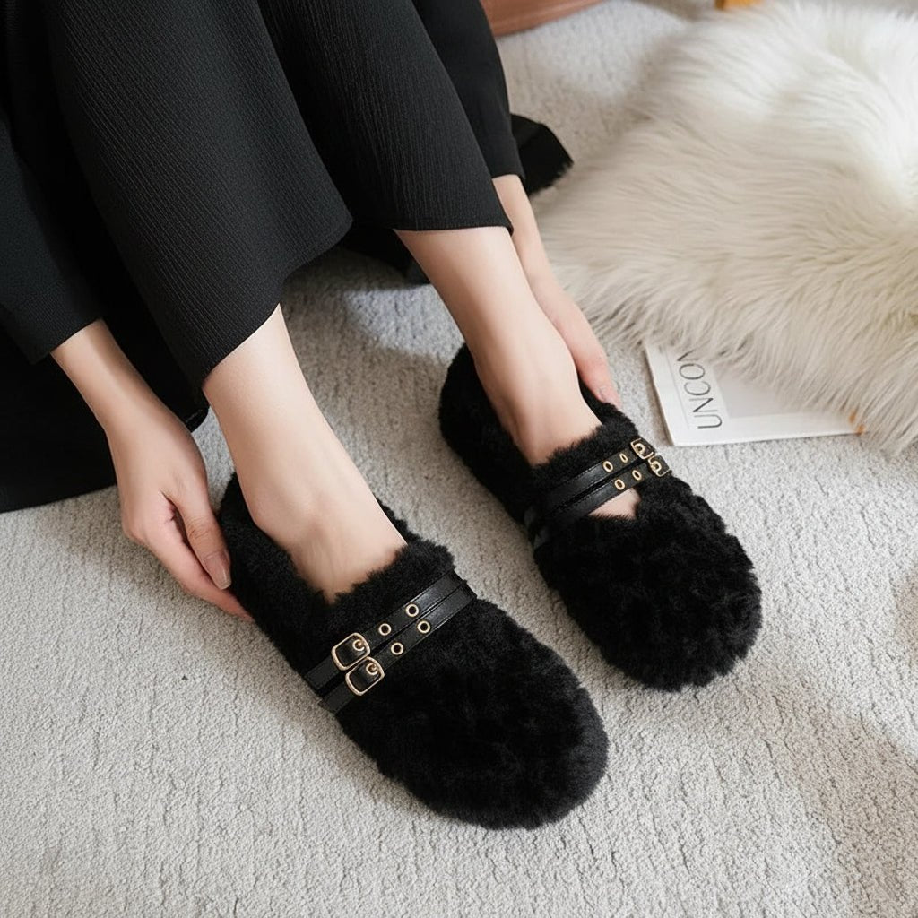 STYLESTEP – Wool Fur Loafers for Women with Double Rivets and Soft Lining