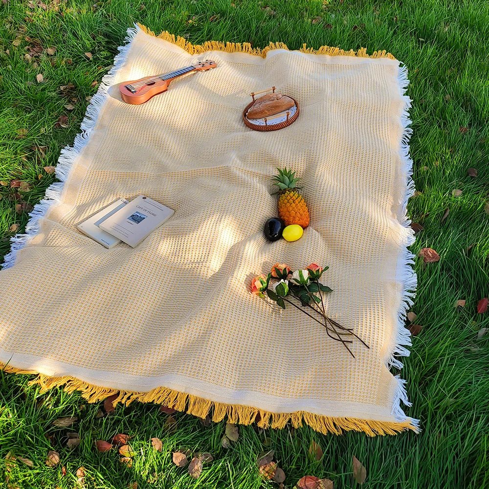 SUNFRINGE – Cotton Blend Picnic Mat with Decorative Tassels for Picnics & Parks