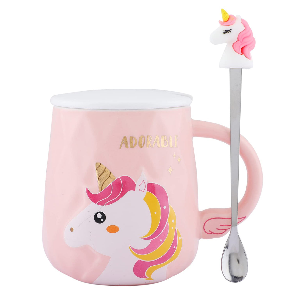 Lovely Unicorn Coffee Mug | Pink Ceramic Mug with Lid & Spoon
