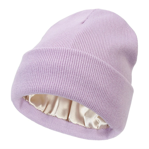 Women's Wool Winter Beanie with Anti-Frizz Silk Lining - Warm Knit Skull Cap for Hair Protection against Static and Breakage - 22 x 23cm