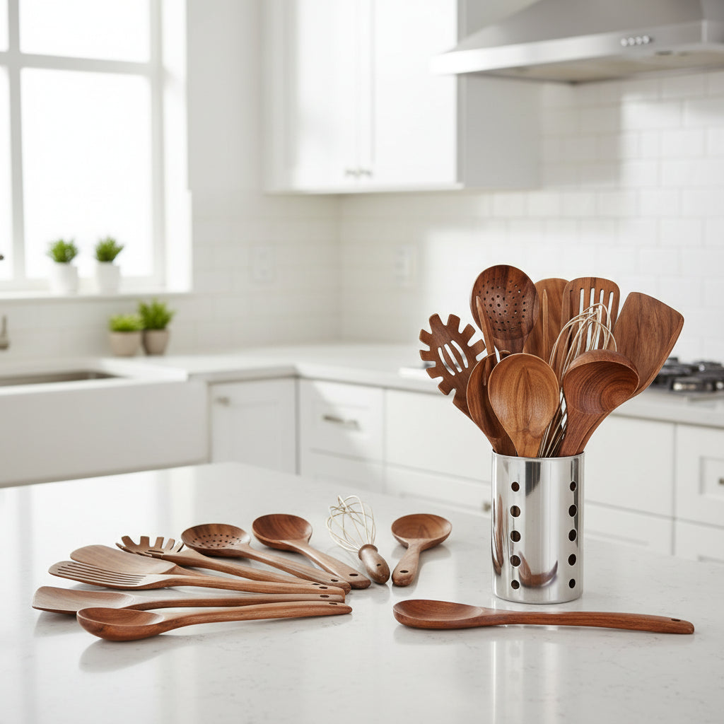 TEAKSTYLE – 11-Piece Natural Teak Kitchen Utensil Set for Everyday Cooking