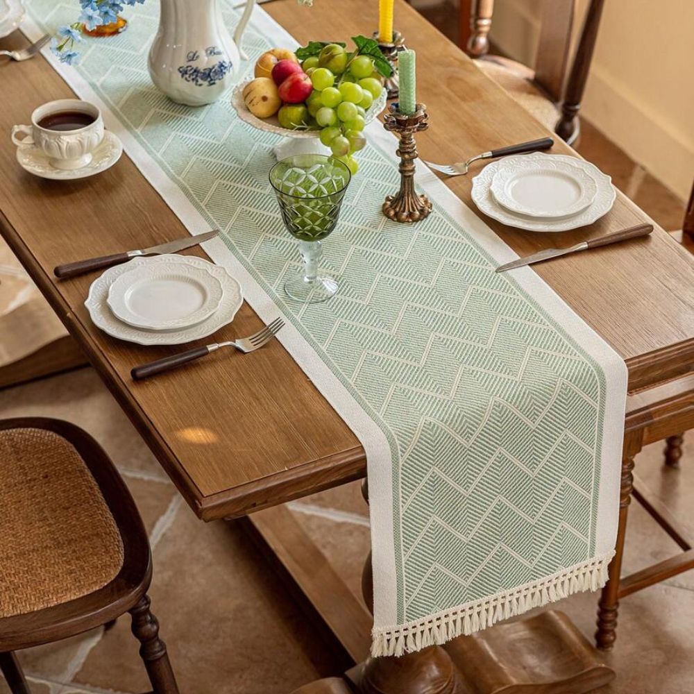 TEXTELLE – Elegant Sandstone Woven Table Runner with Zigzag Design