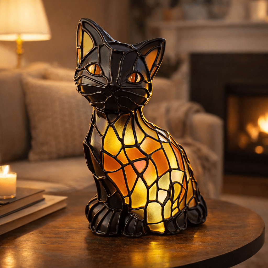 TIFFYCAT – Artistic Tiffany-Style Cat Table Lamp with Warm Amber Glow