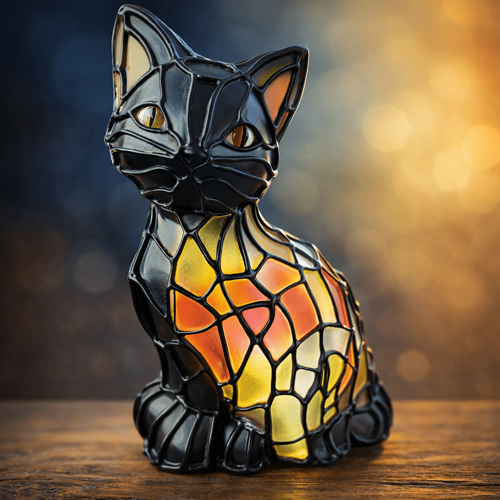 TIFFYCAT – Artistic Tiffany-Style Cat Table Lamp with Warm Amber Glow