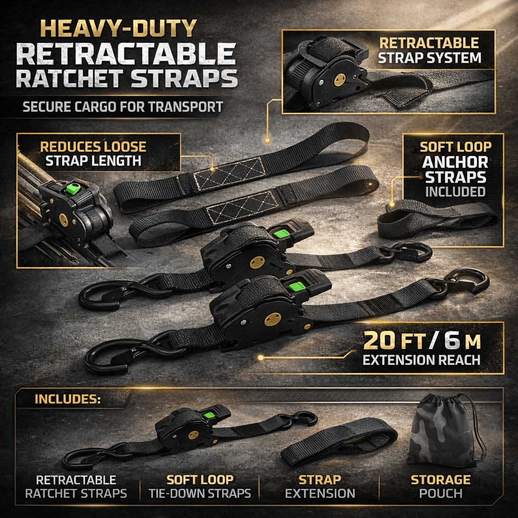 TRUCKBIND – Heavy Duty Retractable Ratchet Straps for Cargo Security