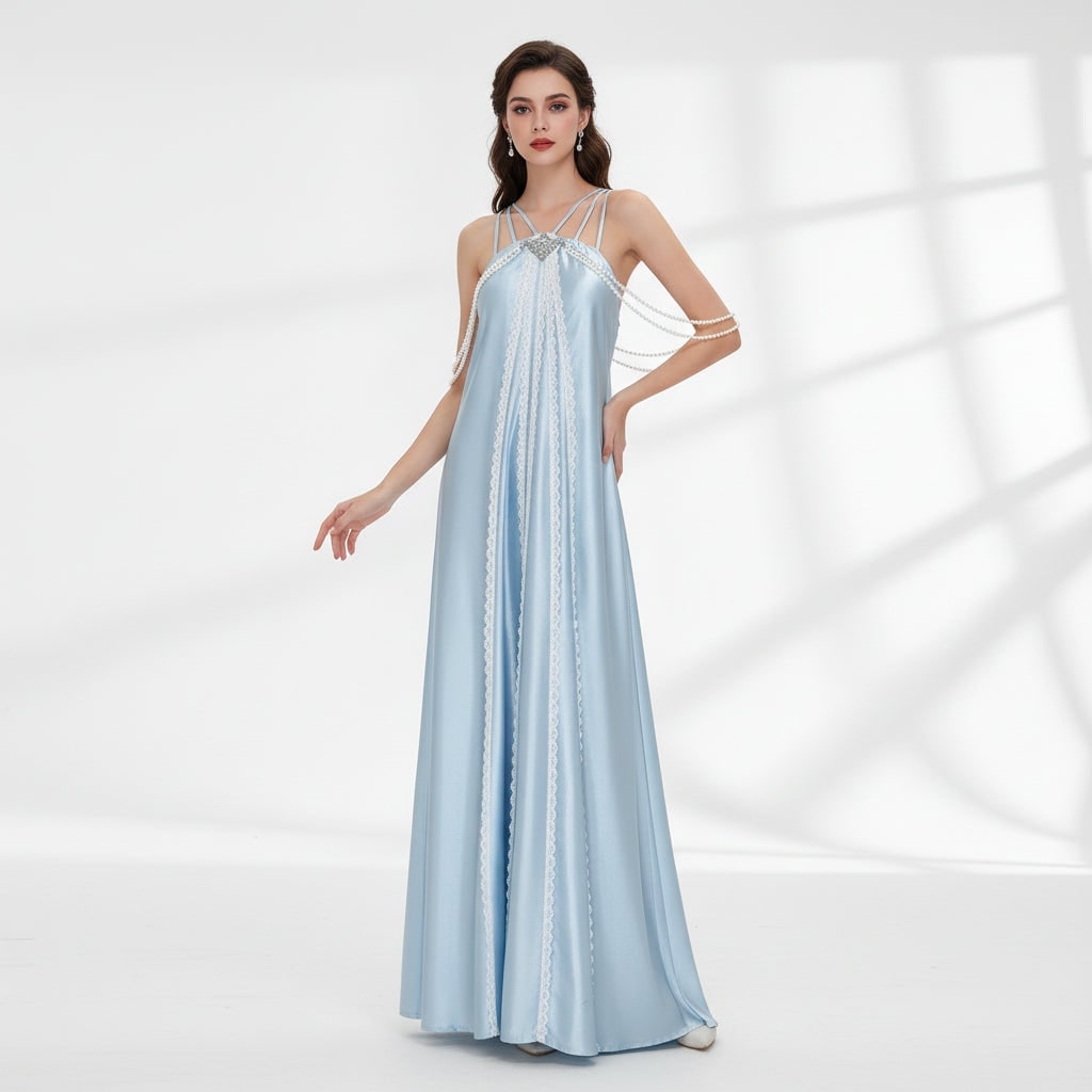 Women's Halloween Cosplay Princess Costume Dress with Satin Cape and Halter Neck for Fantasy Events