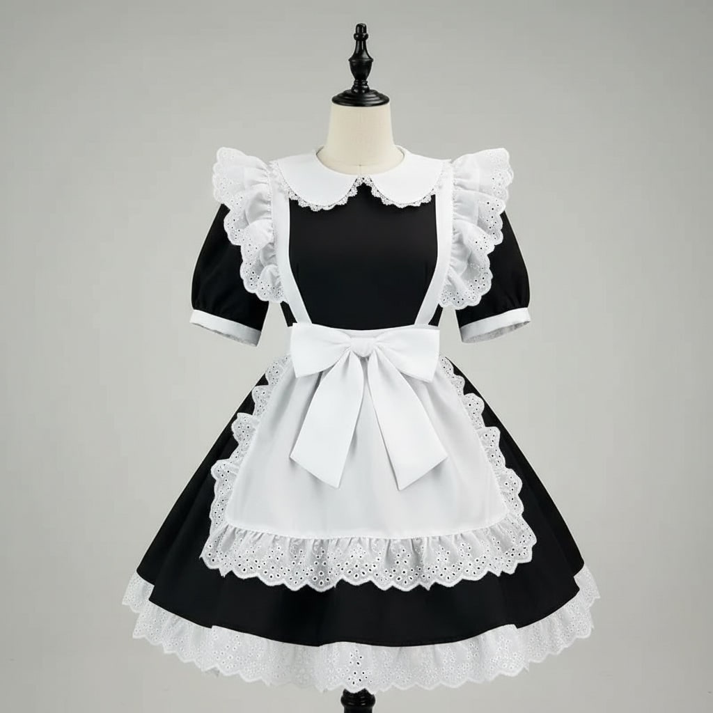 Women's Halloween French Maid Costume Dress with Apron and Puff Sleeves for Plus Size Party