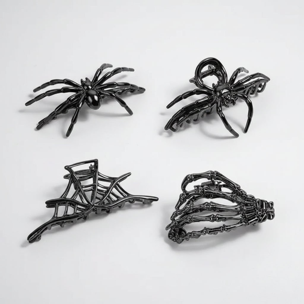 Women's Halloween Hair Claw Clips with Skeleton Hand Bat Wing and Spiderweb Metal Decorative Design