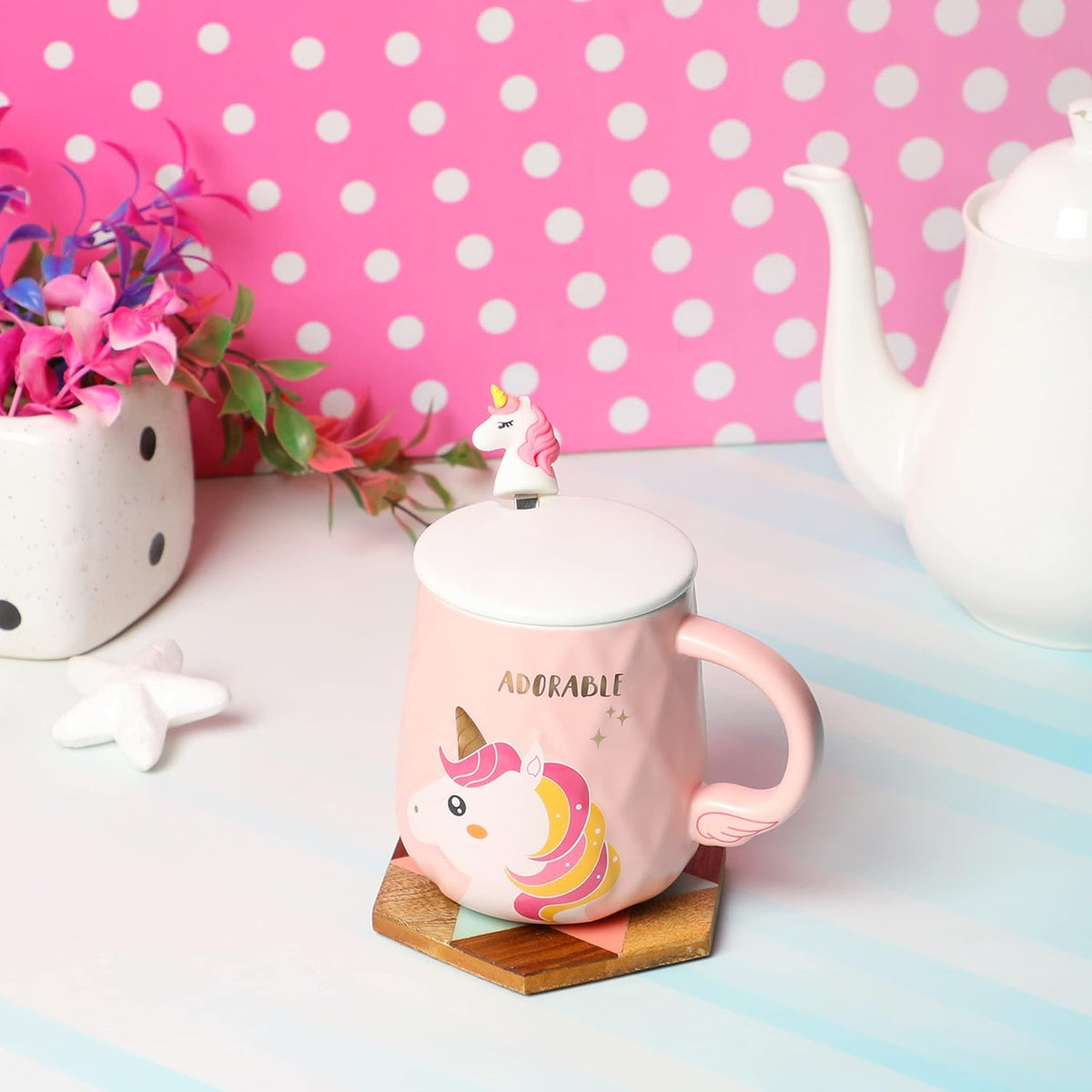 Lovely Unicorn Coffee Mug | Pink Ceramic Mug with Lid & Spoon